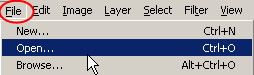 Photoshop(�������) - File(����) - Open(�������)
