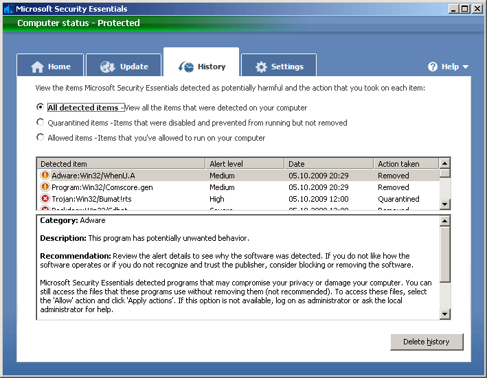 Microsoft Security Essentials. ������� ������� (�istory).