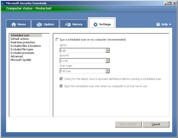 Microsoft Security Essentials. ������� ��������� (Settings).