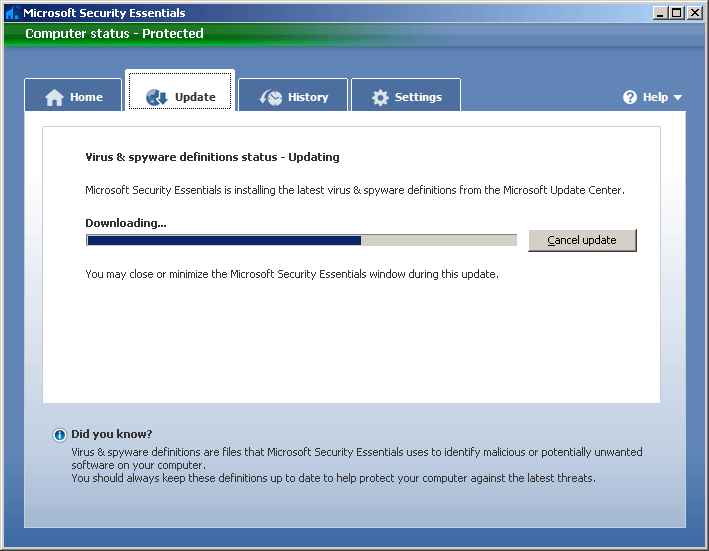 Microsoft Security Essentials. ������� ���������� (Update). ���� ������� ����������...