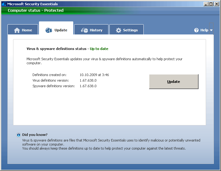 Microsoft Security Essentials. ������� ���������� (Update). ������� ���������� ����������.